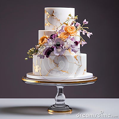 Elegant Delights: Vibrant Floral Adorned Marble Cake on Gold Stand Stock Photo