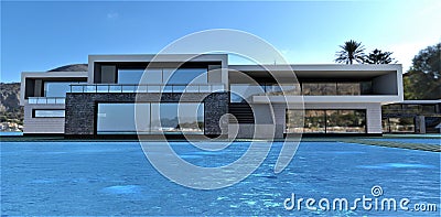 Stunning high-tech house on the shores of the bay in Tenerife. Clear skies and blue water. 3d render. Stock Photo