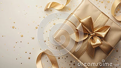 Golden Gift Box for Festive Occasions - Horizontal Digital Banner with Copy Space for Christmas, Birthday, and Holidays Stock Photo