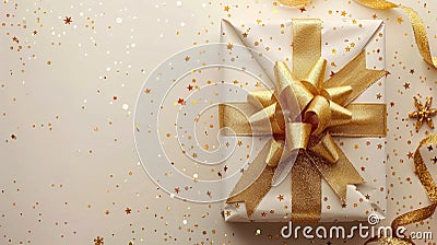 Golden Gift Box for Festive Occasions - Horizontal Digital Banner with Copy Space for Christmas, Birthday, and Holidays Stock Photo