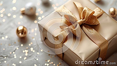 Golden Gift Box for Festive Occasions - Horizontal Digital Banner with Copy Space for Christmas, Birthday, and Holidays Stock Photo