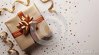 Golden Gift Box for Festive Occasions - Horizontal Digital Banner with Copy Space for Christmas, Birthday, and Holidays Stock Photo