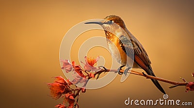 Stunning Hummingbird Photo: Amber And Gold Beauty On Flower Branch Stock Photo