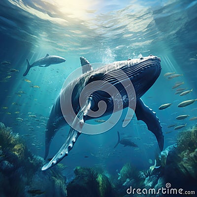 Stunning illustration of big whale underwater, close to water surface Cartoon Illustration