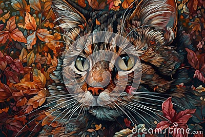 Stunning illustration of a cat with floral ornaments. Multicolored surreal elements. Cartoon Illustration
