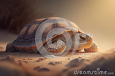 A stunning illustration of a tortoise resting on a warm surface, with the sun shining down on its shell, generative ai Cartoon Illustration