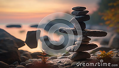 Beautiful Sunset on the Ocean Beach with Balancing Stones and Blurry Background. Generative ai illustration Stock Photo