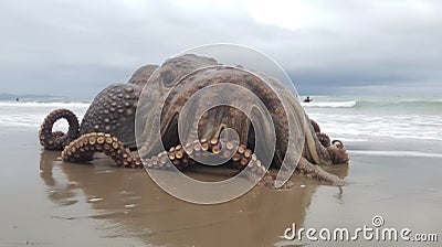 Stranded Wonder: Massive Octopus on the Beach, A Rare and Breathtaking Encounter with a Mysterious Cephalopod Stock Photo