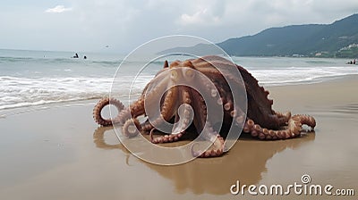 Stranded Wonder: Massive Octopus on the Beach, A Rare and Breathtaking Encounter with a Mysterious Cephalopod Stock Photo