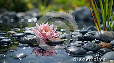 Serene Waterlily amidst Stones and Bamboo Stock Photo