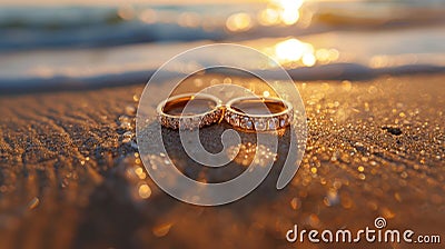 Radiant Backlight Romance: Wedding Rings Gleaming on Sandy Beach Stock Photo