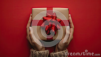 Gift of Love: Woman's hands holding luxury box with bow in top down view against a vibrant red backdrop Stock Photo