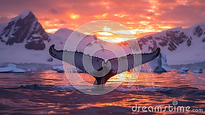 Silhouetted Humpback Whale Tail Fluke in Antarctic Sunset Waters Stock Photo