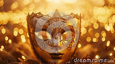 Golden Venetian Mask on Shimmering Blurred Background Stock Photo