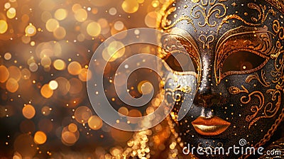 Golden Venetian Mask on Shimmering Blurred Background Stock Photo