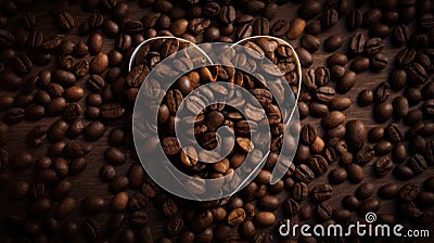 Love is Brewing: Heart Shaped Roasted Coffee Beans Background with Copy Space Cartoon Illustration