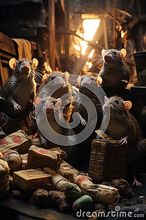 A stunning image of a group of rats exploring an abandoned warehouse, capturing their curiosity a Stock Photo