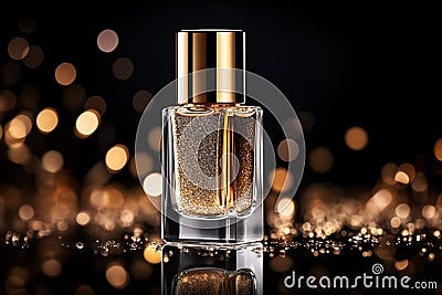 Luxury Serum Cosmetic Bottle with Dynamic Lighting and Gold Glitter Stock Photo