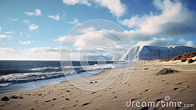 Delicate Landscapes: Unreal Engine Renderings Of An Empty Beach With Sheep And Snow Stock Photo