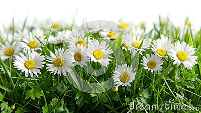 Serene White Daisies Sprinkled on Lush Green Grass Stock Photo