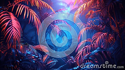 Neon-lit Tropical Jungle with Retro Palms & Plants in Dark Trend Exotica Stock Photo