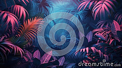 Neon-lit Tropical Jungle with Retro Palms & Plants in Dark Trend Exotica Stock Photo