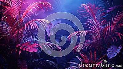 Neon-lit Tropical Jungle with Retro Palms & Plants in Dark Trend Exotica Stock Photo