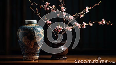 Traditional Chinese Vase with Peach Blossoms on Wooden Table Stock Photo