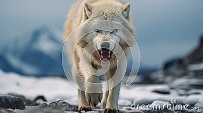 Intense Colorful White Wolf Walking Through Majestic Mountains Stock Photo