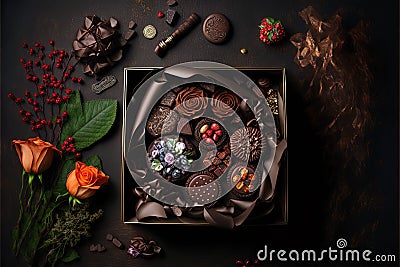 Stunning Image of a Wooden Table Set with Chocolates and Flowers for a Valentines Day Celebration. Ai generated art Stock Photo