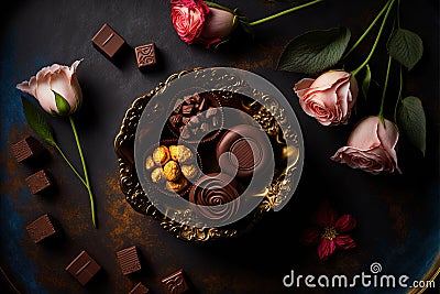 Stunning Image of a Wooden Table Set with Chocolates and Flowers for a Valentines Day Celebration. Ai generated art Stock Photo