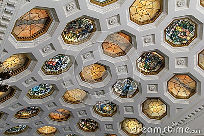 Gorgeous ceiling of stained-glass designs, Canfield Casino Ballroom, Saratoga, New York, 2017 Editorial Stock Photo