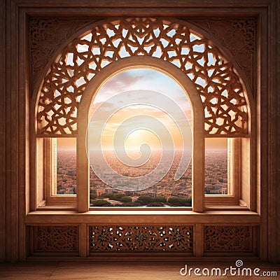 A stunning Islamic wooden window frame, featuring intricate latticework Stock Photo