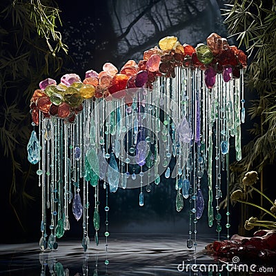 Stunning Jewelry Display with Cascading Gemstone Waterfalls in a Twilight Setting Stock Photo