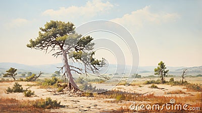 Vintage Oil Painting Of A Pine Tree In A Barren Landscape Stock Photo