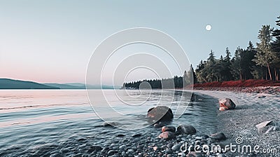 Serene Dusk Beach With Rocks And Trees: A Lo-fi Aesthetic Stock Photo