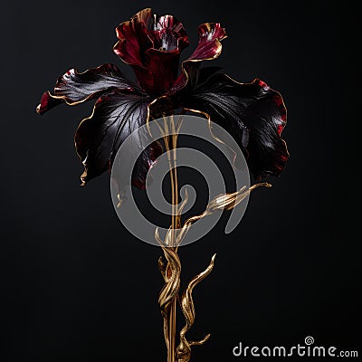 Black Gilded Gold Metal Flower On Dark Background Stock Photo