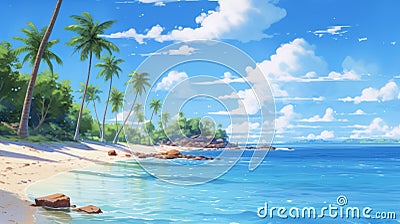 8k Anime Beach Scene Of Trees And Water Cartoon Illustration