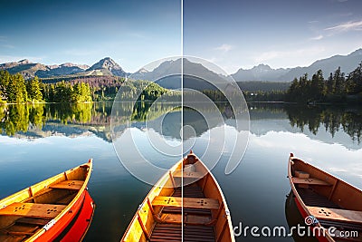 Stunning lake in National Park High Tatra. Images before and after Stock Photo