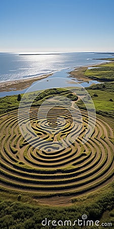 Grassy Field Maze: Traditional Oceanic Art Inspired By Land Art In Montauk Stock Photo