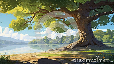 Professional Cartoon Landscape With Canopy Tree And Beautiful Morning Sunlight Stock Photo