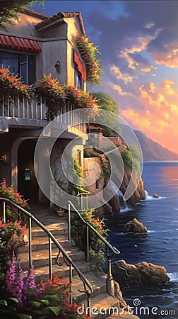 Stunning Landscape House Cliff Overlooking Ocean Matte Italy Daylight Sunrise Young Computer Graphics Painted Bright Deep Color Stock Photo