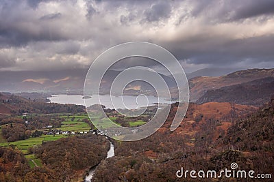 Stunning landscape image of the view from Castle Crag towards Derwentwater, Keswick, Skiddaw, Blencathra and Walla Crag in the Stock Photo