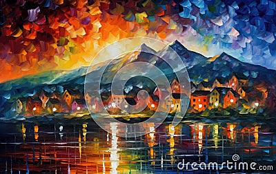 Stunning Landscape Painting of Mountains and City Lights in Leonid Afremov Style. Perfect for Wall Art. Stock Photo
