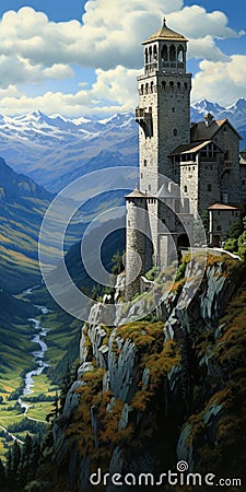 Photorealist Castle Painting On Mountain By Dalhart Windberg Stock Photo