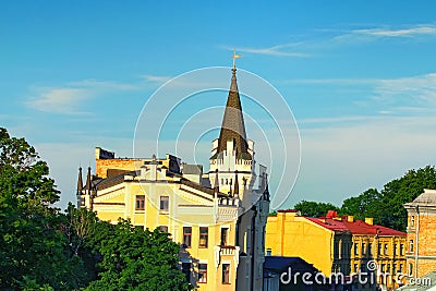 Stunning landscape view of ancient Andrew descent Podil neighborhood Editorial Stock Photo