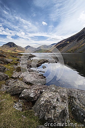 Stunning landscape of Wast Water and Lake District Peaks on Summ Stock Photo