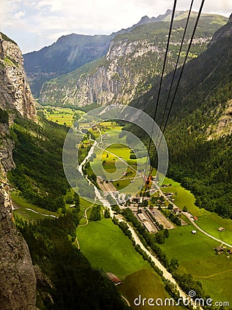 Stunning Lauterbrunnen valley rural view, bird eye view from cable car from Stechelberg to Murren Station, Lauterbrunnen, Bern Stock Photo