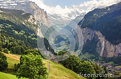 Stunning Lauterbrunnen valley rural view, bird eye view from Murren, Lauterbrunnen, Bernese Oberland, Switzerland, Europe Stock Photo