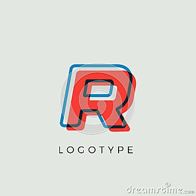 Stunning Letter R with 3d color contour, minimalist letter graphic for modern comic book logo, cartoon headline Vector Illustration